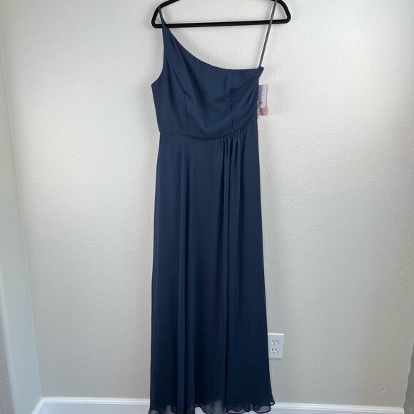 After Six Midnight Navy One-Shoulder Luxe Chiffon Slit Maxi Gown Dress 8 NWT - Picture 14 of 15